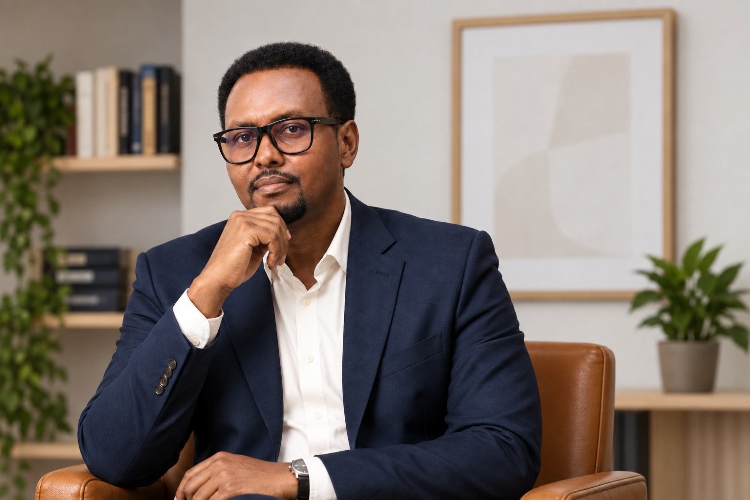 Aweys Hassan Mohamed seated in a warm office