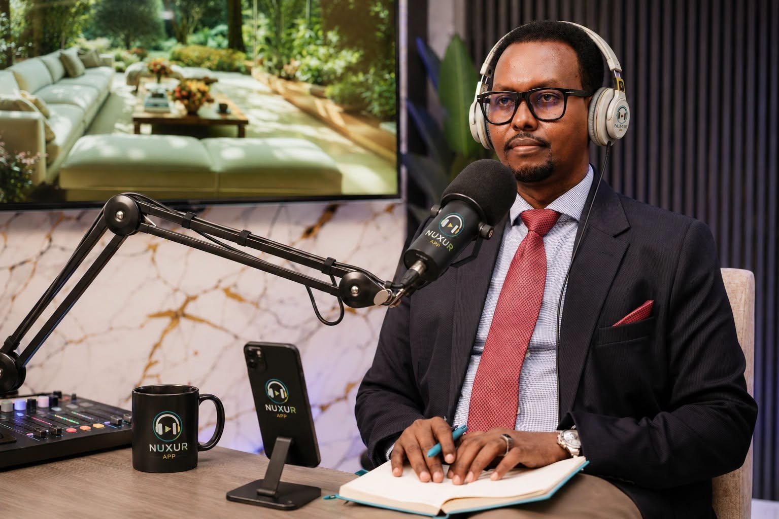 Aweys Hassan Mohamed recording a podcast at Nuxur
